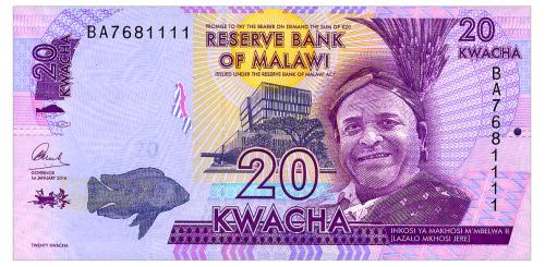 МАЛАВИ 63c MALAWI 20 KWACHA 2016 Unc