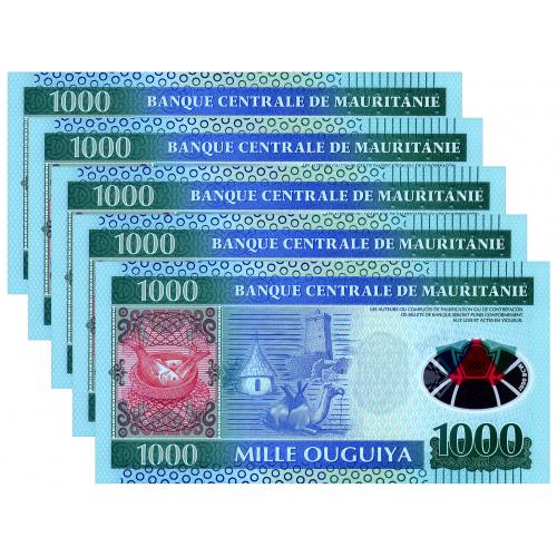МАВРИТАНИЯ 19 MAURITANIA; ЛОТ ИЗ 5 ШТУК, НОМЕРА ПОДРЯД; 1000 OUGUIYA 2014 Unc