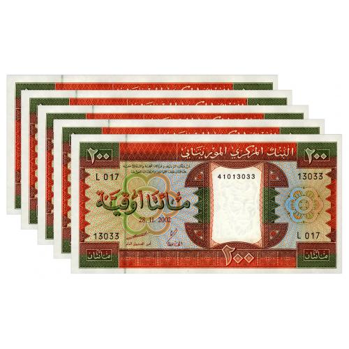 МАВРИТАНИЯ 5j MAURITANIA; ЛОТ 5 ШТУК, НОМЕРА ПОДРЯД; 200 OUGUIYA 2002 Unc