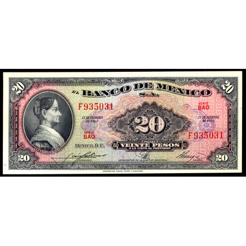 МЕКСИКА 54I MEXICO BAQ 20 PESOS 1965 Unc