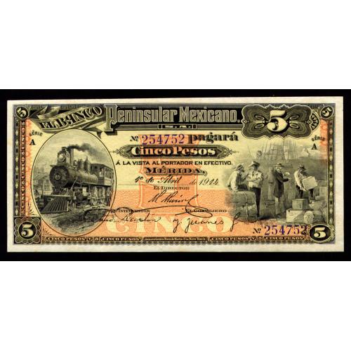 МЕКСИКА S465 MEXICO 5 PESOS 1914 Unc