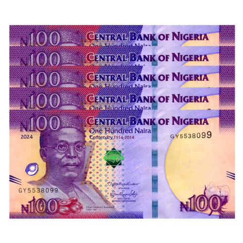 НИГЕРИЯ 41(6) NIGERIA; ЮБИЛЕЙНАЯ; СЕРИЯ GY; 5 ШТУК; 100 NAIRA 2024; Unc