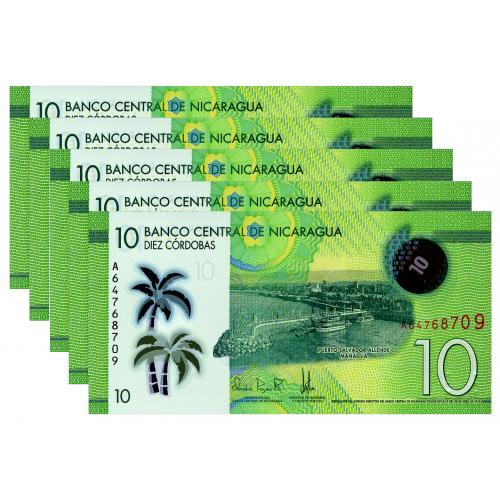 НИКАРАГУА 209b NICARAGUA; ЛОТ ИЗ 5 ШТУК, НОМЕРА ПОДРЯД; 10 CORDOBAS 2019 Unc