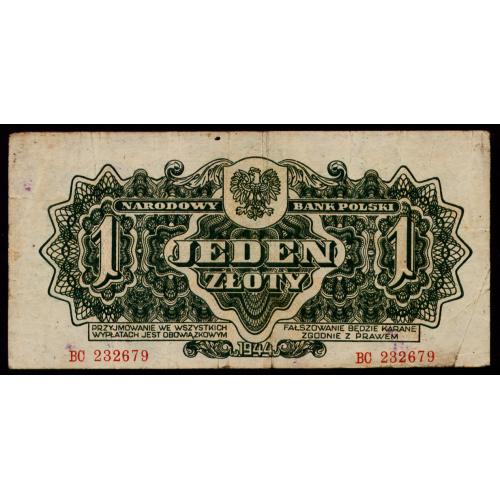 ПОЛЬША 105 POLAND 1 ZLOTY 1944 Fine