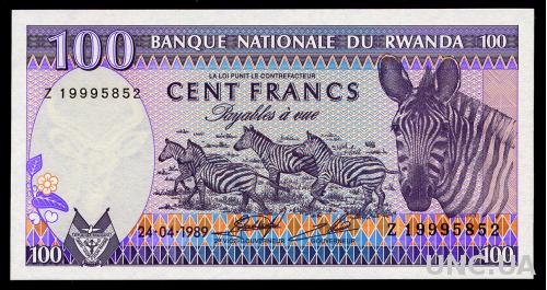 РУАНДА 19 RWANDA 100 FRANCS 1989 Unc