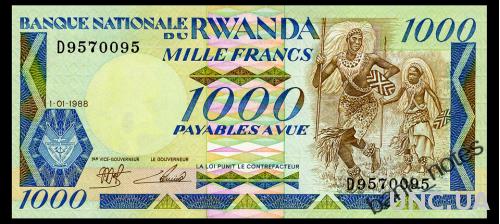РУАНДА 21 RWANDA 1000 FRANCS 1988 Unc