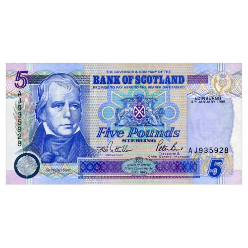 ШОТЛАНДИЯ 119a SCOTLAND BANK OF SCOTLAND; ЮБИЛЕЙНАЯ; 5 POUNDS 1995 Unc