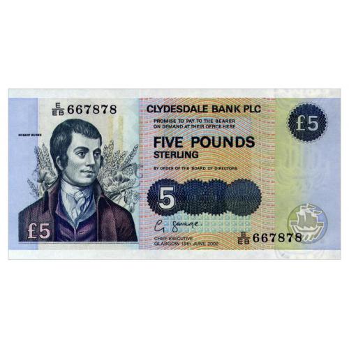 ШОТЛАНДИЯ 218d SCOTLAND; CLYDESDALE BANK; E/EB 667878; 5 POUNDS 2002; Unc