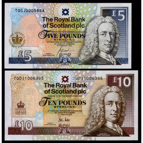 ШОТЛАНДИЯ 362, 368 SCOTLAND; ЕЛИЗАВЕТА II ЗОЛОТОЙ И БРИЛЛИАНТОВЫЙ ЮБИЛЕИ 5 POUND 2002, 10 2012 Unc