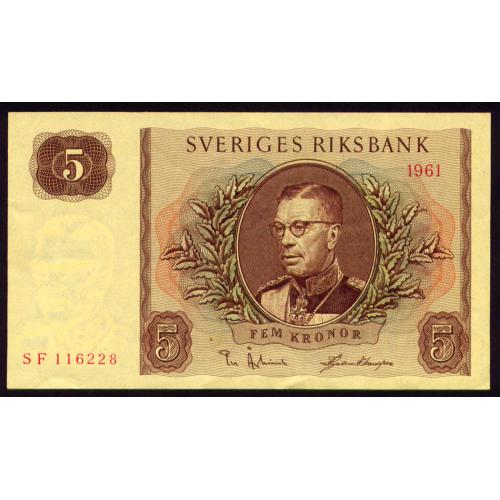 ШВЕЦИЯ 42f SWEDEN SERIES SF 5 KRONOR 1961 aUnc