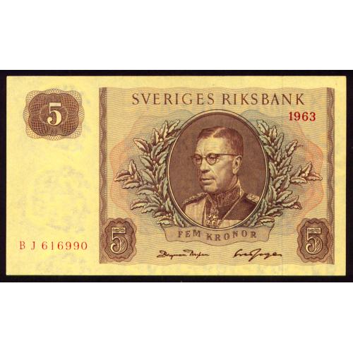 ШВЕЦИЯ 50b SWEDEN SERIES BJ 5 KRONOR 1963 aUnc