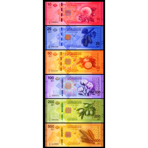 СИРИЯ W120-124 SYRIA; 6 БАНКНОТ: 10-25-50-100-200-500 POUNDS 2025 Unc
