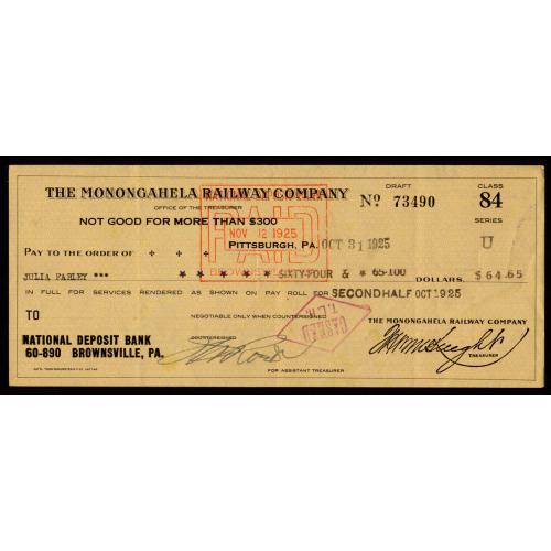 США ЧЕК THE MONONGAHELA RAILWAY COMPANY PITTSBURGH, PA1925