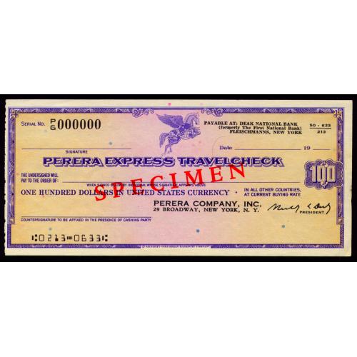 США ДОРОЖНЫЙ ЧЕК ЗРАЗОК PERERA EXPRESS TRAVEL CHECK SPECIMEN 100 DOLLARS Unc