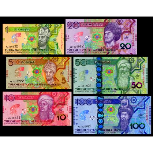 ТУРКМЕНИСТАН W42-W47 TURKMENISTAN 6 ЮБИЛЕЙНЫХ БАНКНОТ 1-5-10-20-50-100 MANAT 2020 Unc