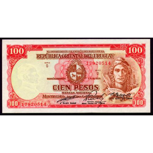 УРУГВАЙ 43с URUGUAY 100 PESOS 1939(1967) Unc