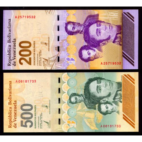 ВЕНЕСУЭЛА W120, W121 VENEZUELA; 2 БАНКНОТЫ: 200, 500 BOLIVARES 2023 Unc