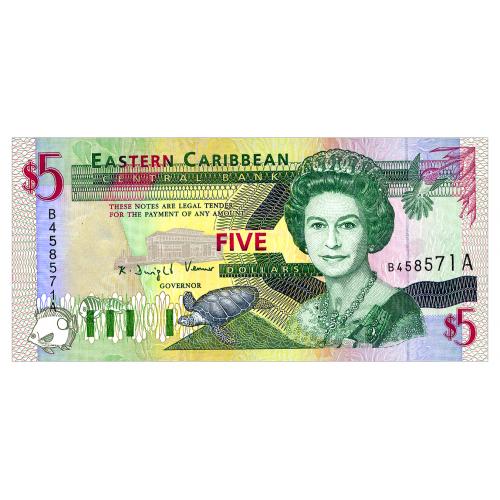 ВОСТОЧНЫЕ КАРИБЫ 31a EAST CARIBBEAN STATES СЕРИЯ A; ANTIGUA 5 DOLLARS ND(1994) Unc