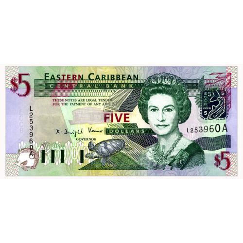 ВОСТОЧНЫЕ КАРИБЫ 42a EAST CARIBBEAN STATES ANTIGUA 5 DOLLARS ND(2003) Unc