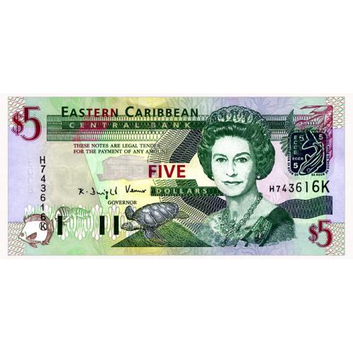 ВОСТОЧНЫЕ КАРИБЫ 42k EAST CARIBBEAN STATES ST. KITTS 5 DOLLARS ND(2003) Unc