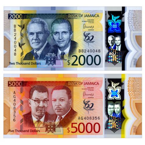 ЯМАЙКА W100, W101 JAMAICA; 2 БАНКНОТЫ 2000-5000 DOLLARS 2022 Unc