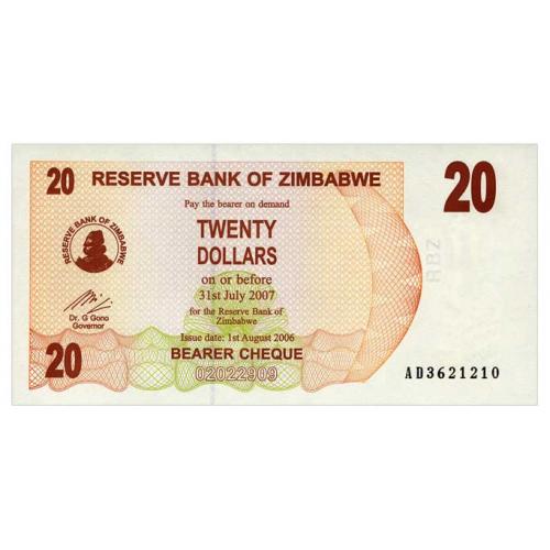 ЗИМБАБВЕ 40 ZIMBABWE 20 DOLLARS 2006 Unc
