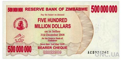 ЗИМБАБВЕ 60 ZIMBABWE 500 MIO DOLLARS 2008 Unc