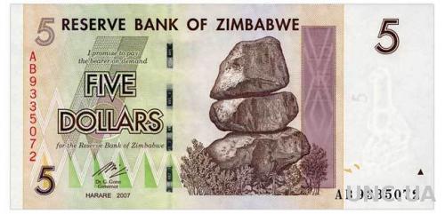 ЗИМБАБВЕ 66 ZIMBABWE 5 DOLLARS 2007 Unc