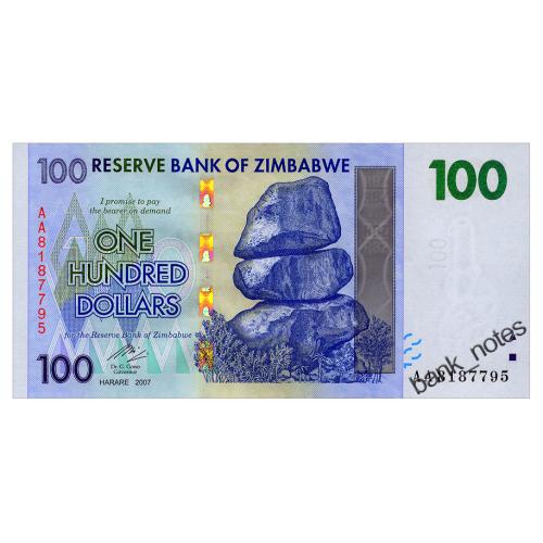 ЗИМБАБВЕ 69 ZIMBABWE 100 DOLLARS 2007 Unc