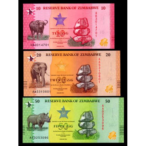 ЗИМБАБВЕ W115-17 ZIMBABWE 3 БАНКНОТЫ: 10-20-50 Zig 2026 Unc