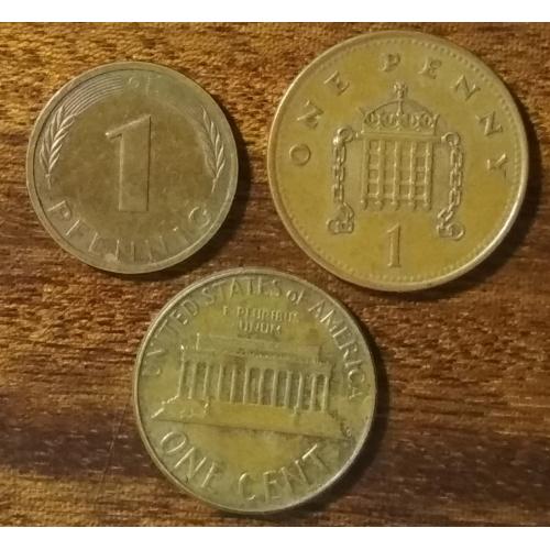 США 1 цент 1977 ГДР 1 пфеннинг 1994 Великобритания 1 пенни 2001