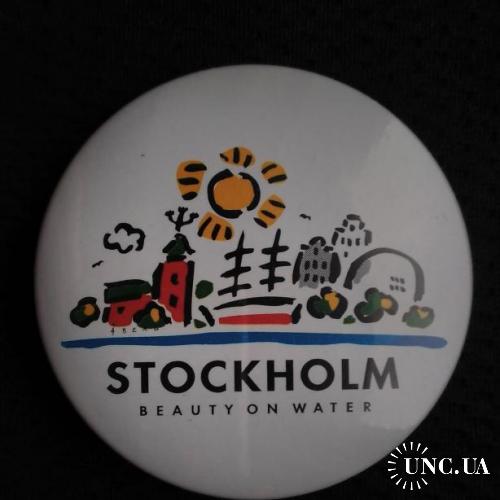 М ЗНАЧОК ИНОСТРАННЫЙ Stockholm Sweden ШВЕЦИЯ СТОКГОЛЬМ КРАСОТА НА ВОДЕ ЗАКАТНОЙ БОЛЬШОЙ ЗНАК D=56mm