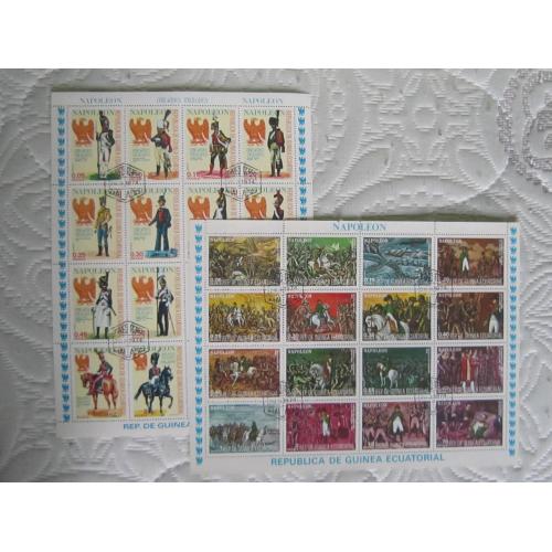 2 малых листа 32 марки Экваториальная Гвинея 1974 искусство милитария Наполеон Бонапарт гаш