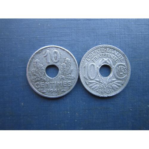 2 монеты 10 сантимов Франция 1941 оба типа цинк одним лотом