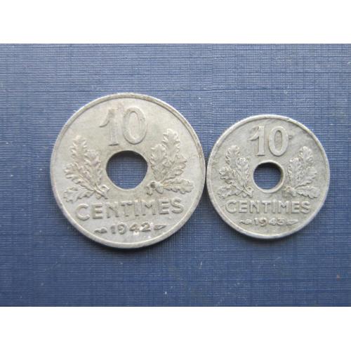 2 монеты 10 сантимов Франция 1942-1943 разный диаметр цинк одним лотом