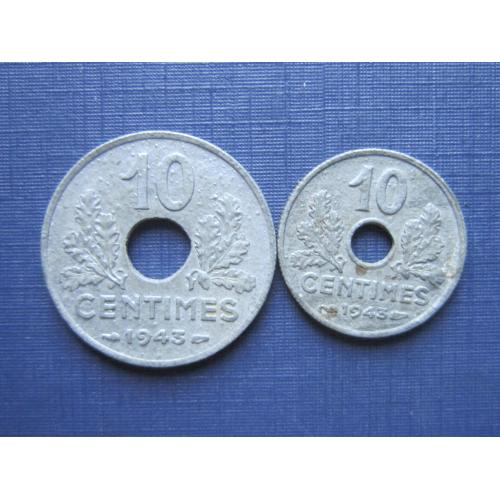 2 монеты 10 сантимов Франция 1943 цинк Виши большая  и маленькая одним лотом