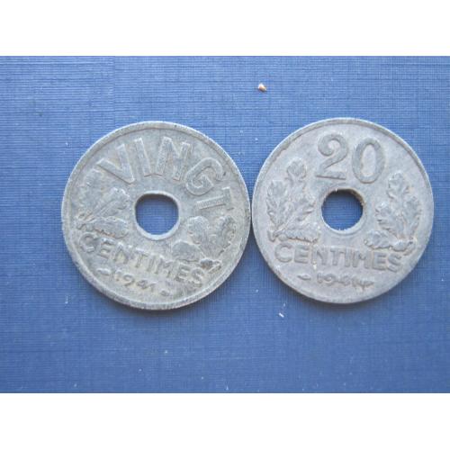 2 монеты 20 сантимов Франция 1941 цинк Виши номинал буквами и цифрами одним лотом