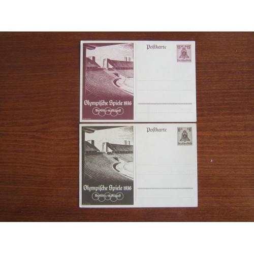 2 почтовые карточки с оригинальной маркой Германия Рейх 1936 спорт олимпиада стадион