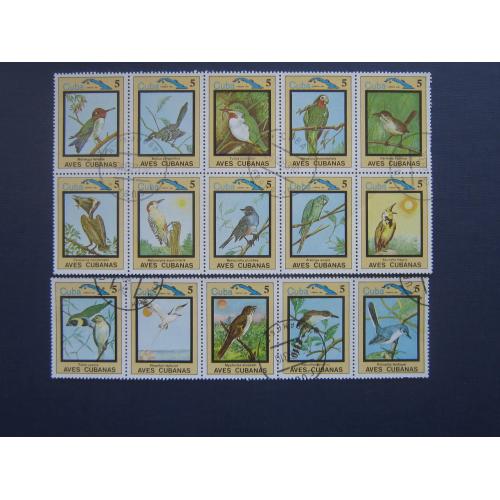 2 сцепки 15 марок Куба 1983 фауна птицы попугаи пеликан и другие гаш