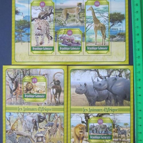 3 блока 5 марок Габон 2023 фауна Африки жираф лев бегемот антилопа слон носорог зебра гепард леопард