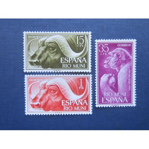 3 марки Рио Муни (Испанская Африка) 1962 фауна быки буйволы обезьяна шимпанзе MNH
