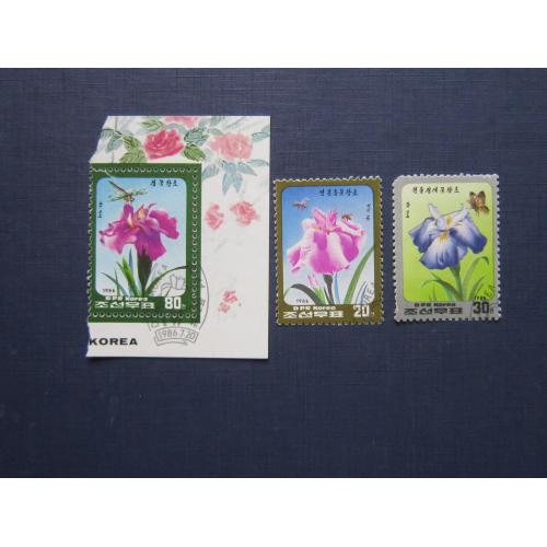 3 марки Северная Корея КНДР 1986 флора цветы фауна насекомые гаш