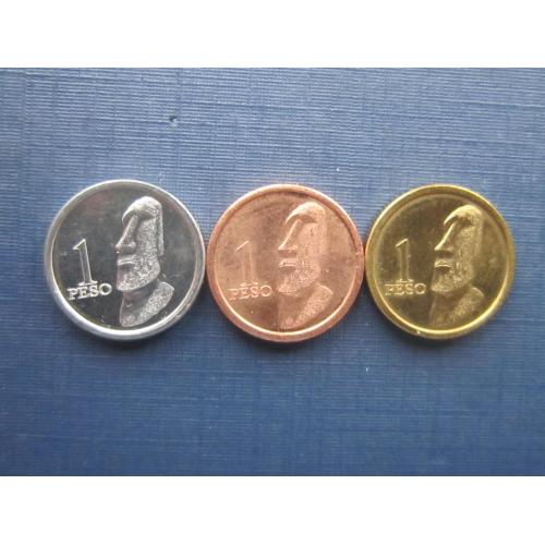 3 монеты 1 песо Остров Пасхи (Чили) 2021 статуи медь латунь алюминий одним лотом