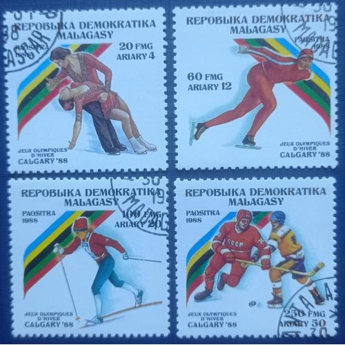4 марки Мадагаскар 1988 спорт олимпиада Калгари хоккей коньки лыжи фигурное катание гаш