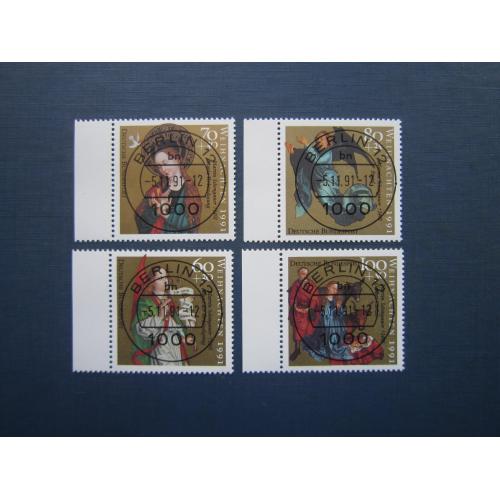 4 марки повна серія Німеччина 1991 Різдво мистецтво вертеп фауна корова віслюк гаш КЦ 7.7 $