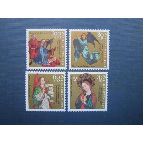 4 марки повна серія Німеччина 1991 Різдво мистецтво вертеп фауна корова віслюк MNH КЦ 7.7 $