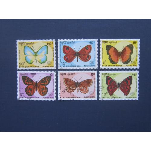 6 марок Камбоджа 1990 фауна насекомые бабочки гаш