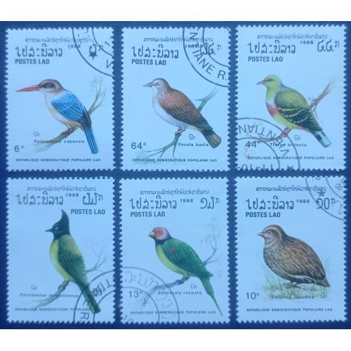 6 марок Лаос 1988 фауна птицы гаш
