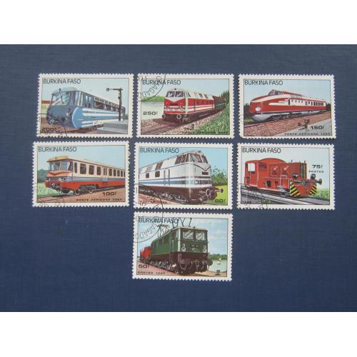 7 марок Буркина Фасо 1985 транспорт железная дорога локомотивы гаш