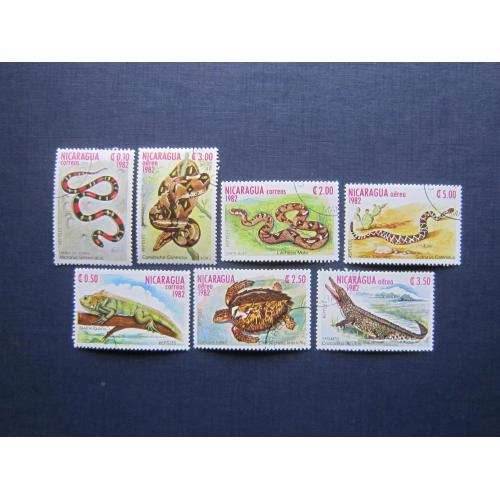 7 марок Никарагуа 1982 пресмыкающиеся змеи черепаха хамелеон крокодил гаш КЦ 3 $